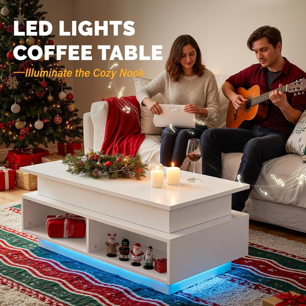 YSHOMY 40" Lift Top Coffee Table with Hidden Storage & Multi-Color LED Lights, Modern Square Wood Table with 4 Open Shelves for Living Room and Small Space, White Grain