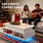 YSHOMY 40" Lift Top Coffee Table with Hidden Storage & Multi-Color LED Lights, Modern Square Wood Table with 4 Open Shelves for Living Room and Small Space, White Grain