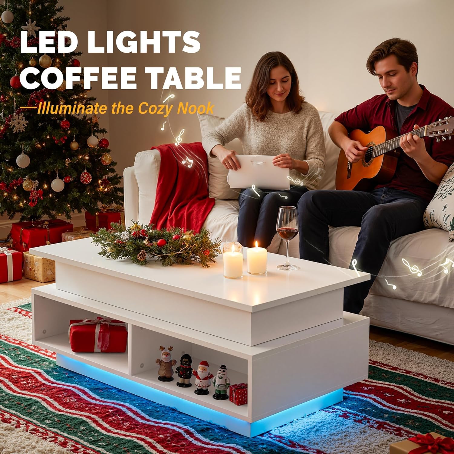 YSHOMY 40" Lift Top Coffee Table with Hidden Storage & Multi-Color LED Lights, Modern Square Wood Table with 4 Open Shelves for Living Room and Small Space, White Grain