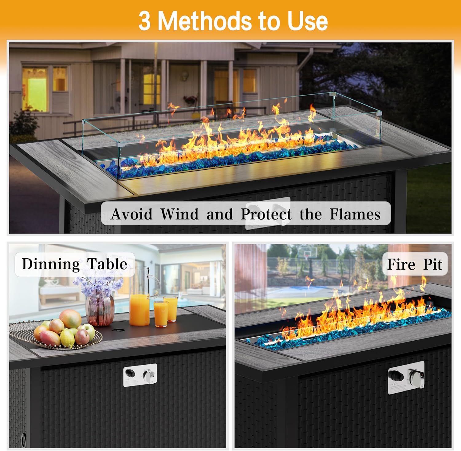 Meilocar 45in Fire Table  Propane Fire Pit with Glass Wind Guard and Rain Cover  Outdoor Firepit Table 50000 BTU 3-in-1 Fire Table for Patio/Yard/Balcony  Gray Tabletop