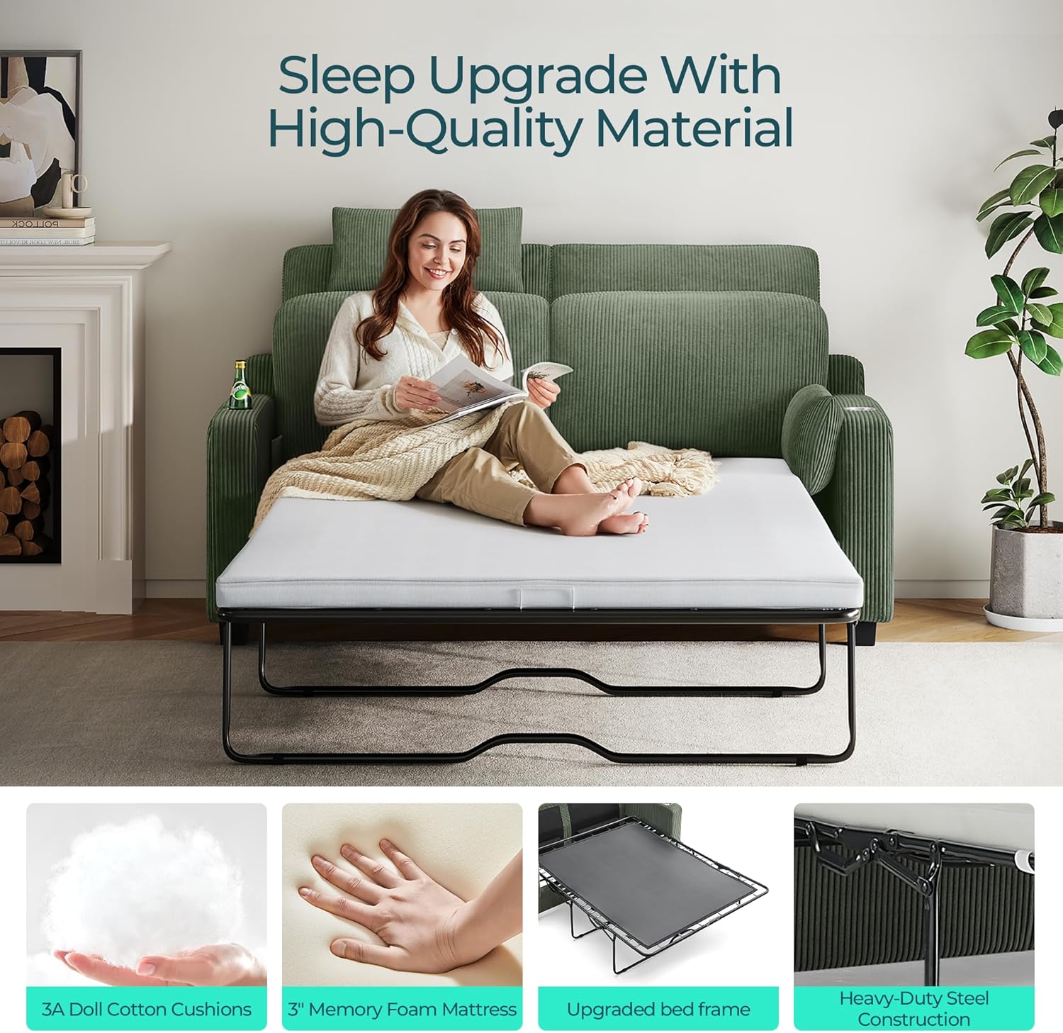 LINSY HOME Pull Out Sofa Bed - Convertible Loveseat Sleeper Sofa, Upgraded Bed Frame Pullout Couch - USB Charging & Cup Holders, Corduroy Sofa Bed for Living Room Small Space, Queen Size (Green)
