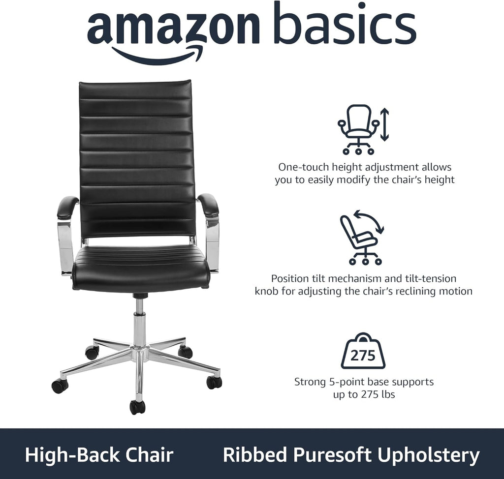 Amazon Basics High-Back Swivel Office Chair with Lumbar Support, Ergonomic Ribbed Faux Leather, Adjustable Height, 45.25" x 24.75" x 23.25", Black