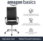 Amazon Basics High-Back Swivel Office Chair with Lumbar Support, Ergonomic Ribbed Faux Leather, Adjustable Height, 45.25" x 24.75" x 23.25", Black
