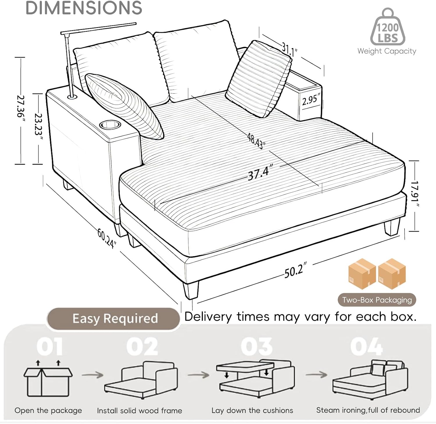 AEDI 60" Chaise Lounge Chair, Sofa Bed with Adjustable Reading Light, USB & Type-C Charging, Wood Tray & Cup Holder (Velvet Corduroy, Beige)