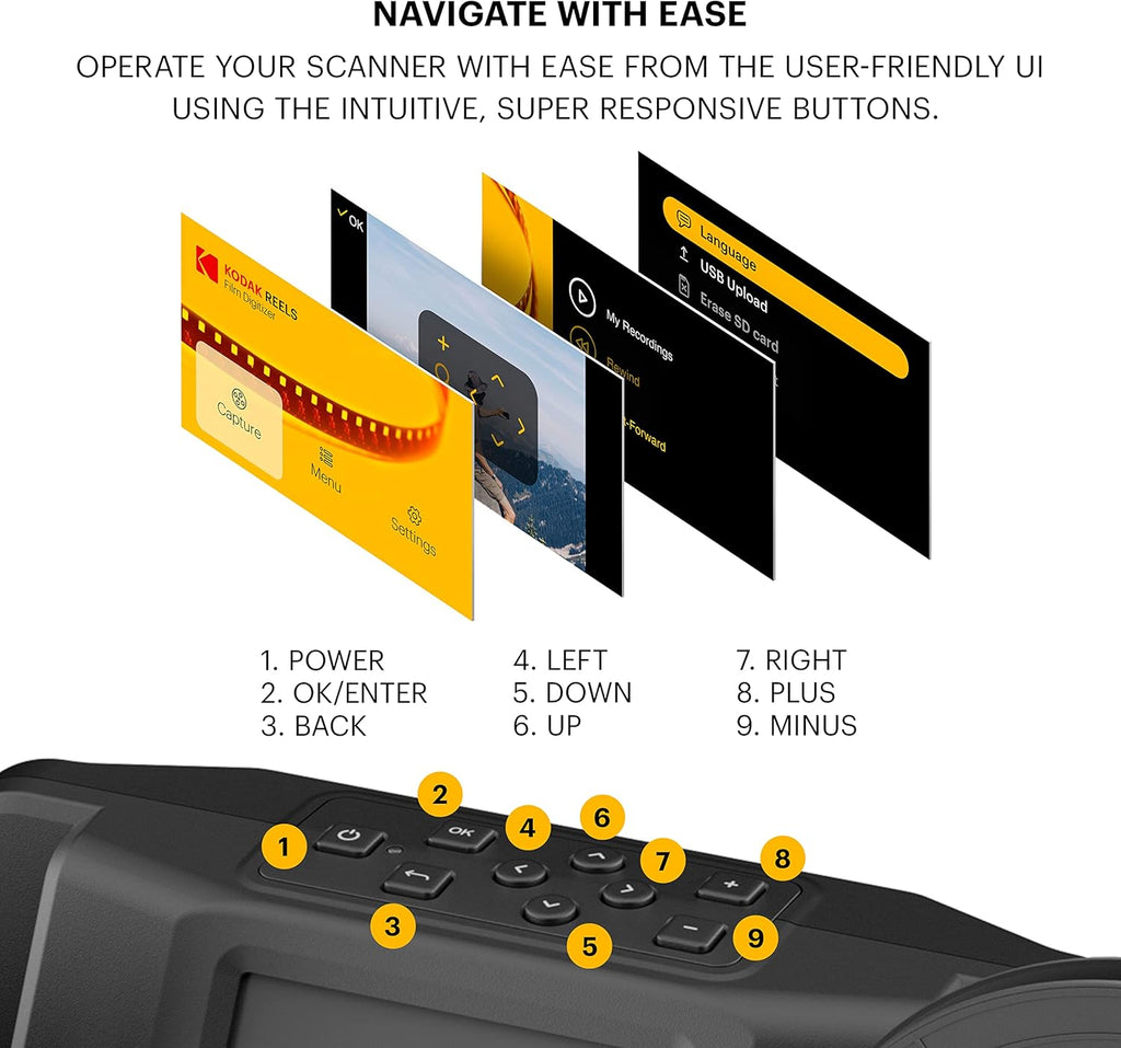 KODAK REELS 8mm & Super 8 Films Digitizer Converter with Big 5” Screen  Scanner Converts Film Frame by Frame to Digital MP4 Files for Viewing  Sharing & Saving on SD Card for 3” 4” 5” 7” and 9” Reels