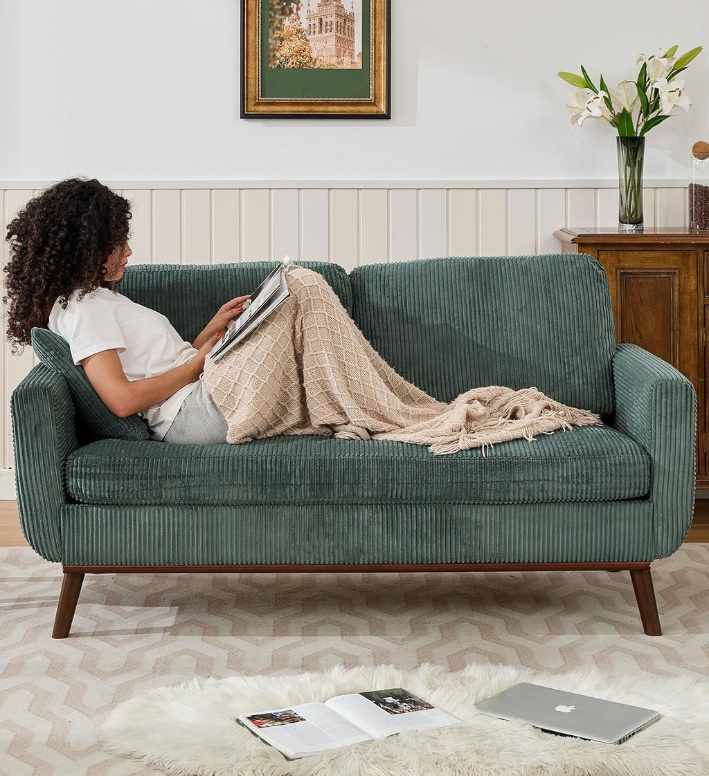 Tbfit 65" Corduroy Love Seat with Spring Cusions, Mid Century Modern Loveseat Sofa for Livingroom & Bedroom, Comfy Upholstered Small Couch