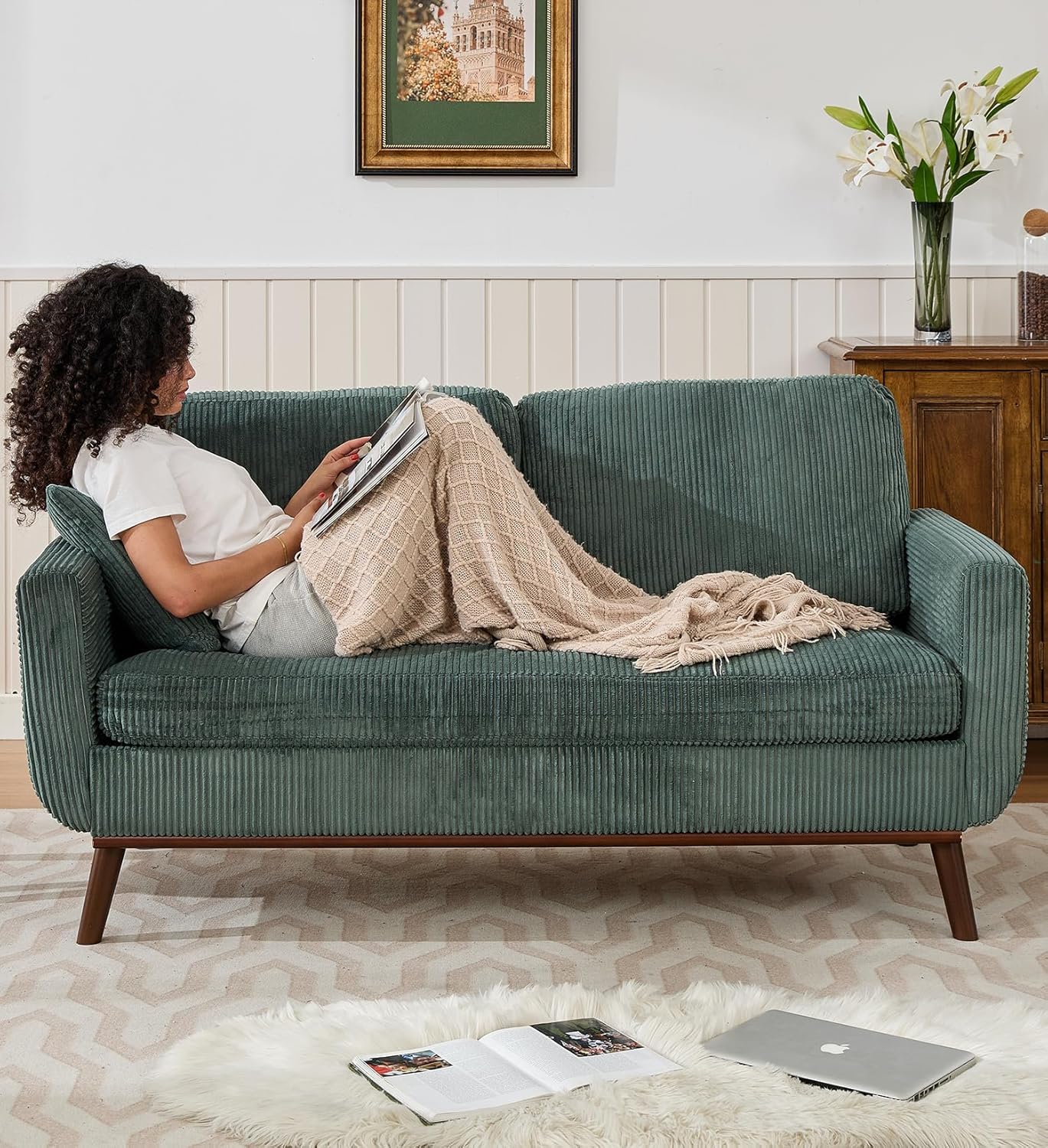 Tbfit 65" Corduroy Love Seat with Spring Cusions, Mid Century Modern Loveseat Sofa for Livingroom & Bedroom, Comfy Upholstered Small Couch