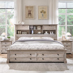 T4TREAM Farmhouse Queen Size Bed Frame with 54" Tall Storage Bookcase Headboard, Wood Platform Bed Frame with 18" Roman Column Decoration Footboard & 2 Drawers, No Box Spring Needed(Light Rustic Oak)