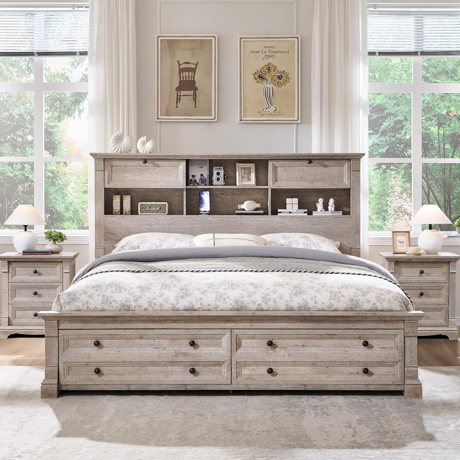 T4TREAM Farmhouse Queen Size Bed Frame with 54" Tall Storage Bookcase Headboard, Wood Platform Bed Frame with 18" Roman Column Decoration Footboard & 2 Drawers, No Box Spring Needed(Light Rustic Oak)