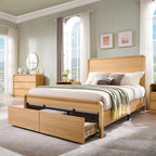 Modern Queen Size Bed Frame with 50" Tall Headboard, Wood Queen Size Platform Bed Frame w/3 Storage Drawers, Curved Profile Design, No Box Spring Needed, Easy Assembly, Noise Free, Natural Oak