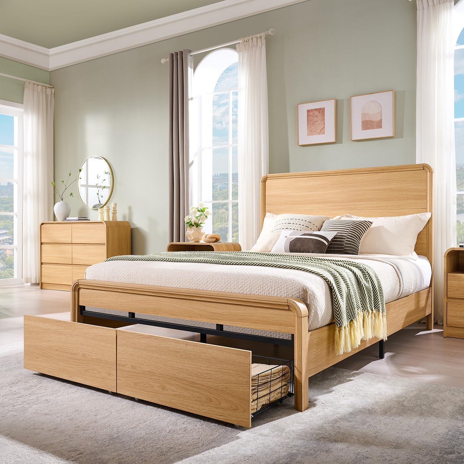 Modern Queen Size Bed Frame with 50" Tall Headboard, Wood Queen Size Platform Bed Frame w/3 Storage Drawers, Curved Profile Design, No Box Spring Needed, Easy Assembly, Noise Free, Natural Oak