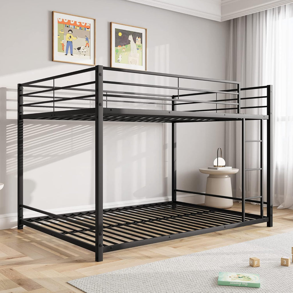 Full Over Full Bunk Beds, Metal Heavy Duty Full Size Bunk Beds for Kids, Full Size Bed Frmae for Boys and Girls,Loft Bed with Ladder and Guardrail for Small Spaces (Black)