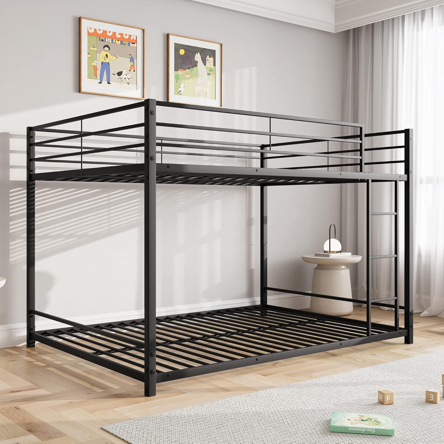 Full Over Full Bunk Beds, Metal Heavy Duty Full Size Bunk Beds for Kids, Full Size Bed Frmae for Boys and Girls,Loft Bed with Ladder and Guardrail for Small Spaces (Black)