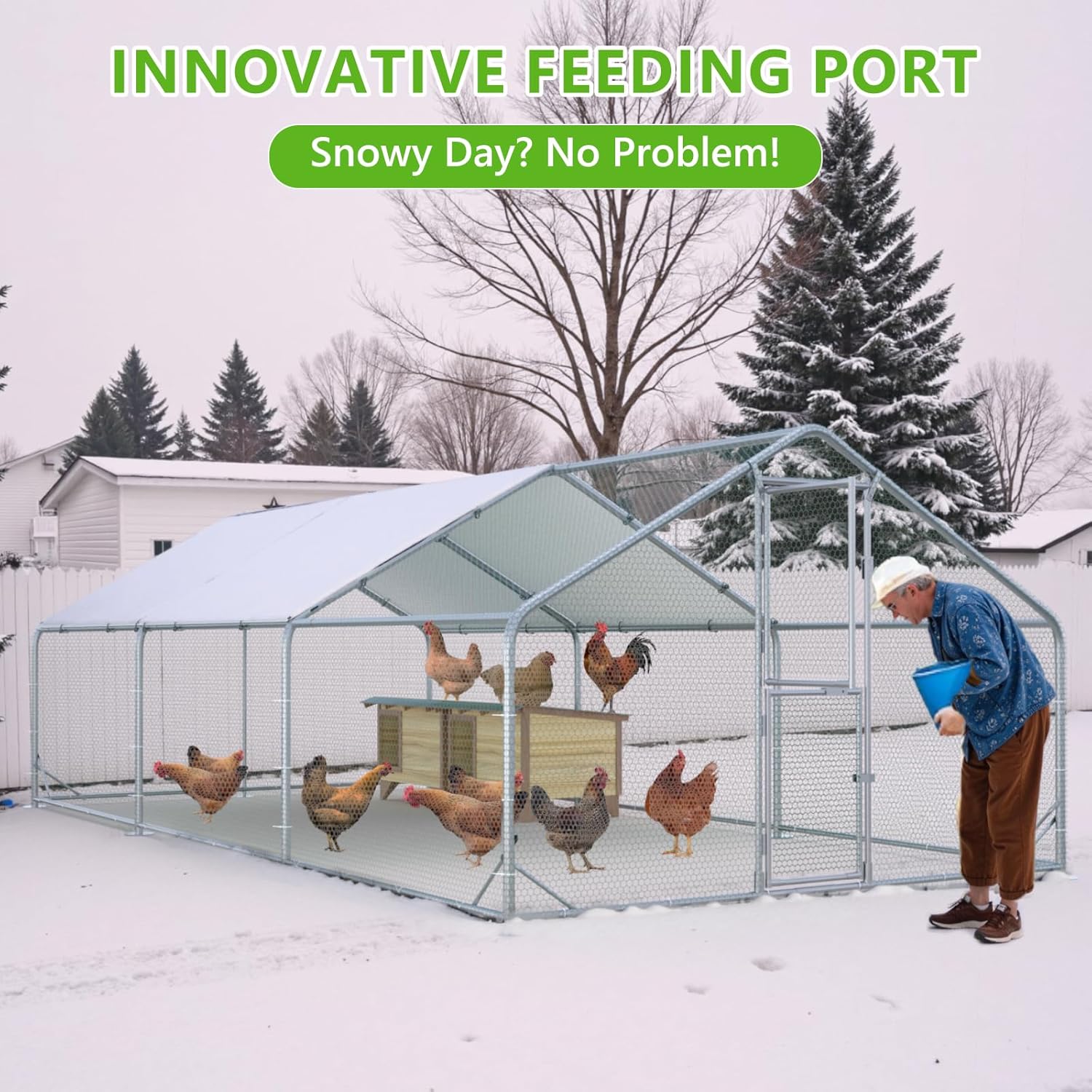 Large Chicken Coop Metal Chicken Run for Yard with Feeding Door Walk-in Chicken Pen for 20-30 Chickens Outdoor Poultry Cage with Anti-UV Cover Duck Rabbit House