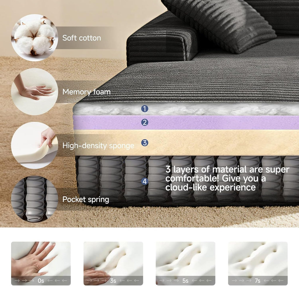 75" Cloud Modular Boneless Couch, L-Shaped Right Facing Chaise Sectional Sofa, Deep Seat Plush Corduroy Upholstery - Memory Foam Comfy Fluffy Couches for Living Room Bedroom, No Assembly Required