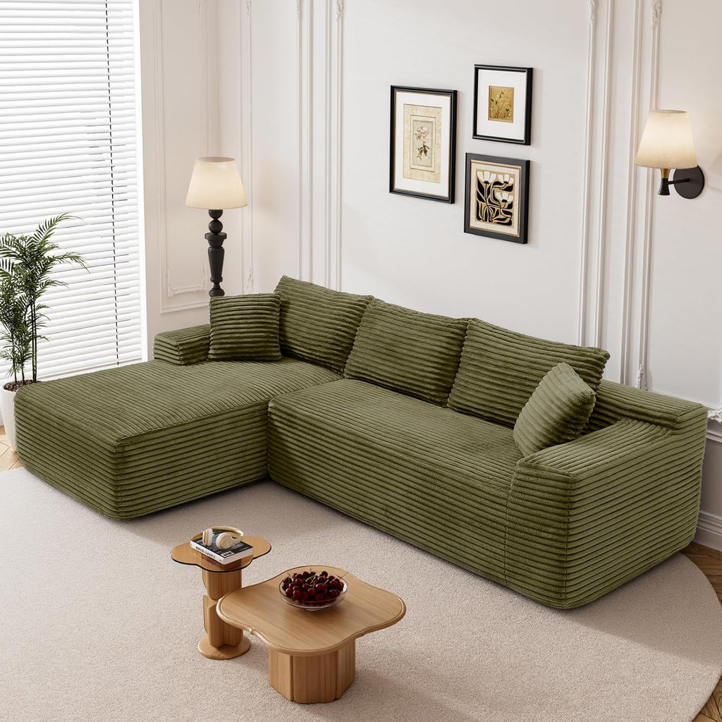 95" Boneless Cloud Sectional Couches for Living Room, Comfy Fluffy L Shaped Memory Foam Deep Seat Boneless Couch, Modular Sectional Sofa with Left Facing Chaise, Olive Green