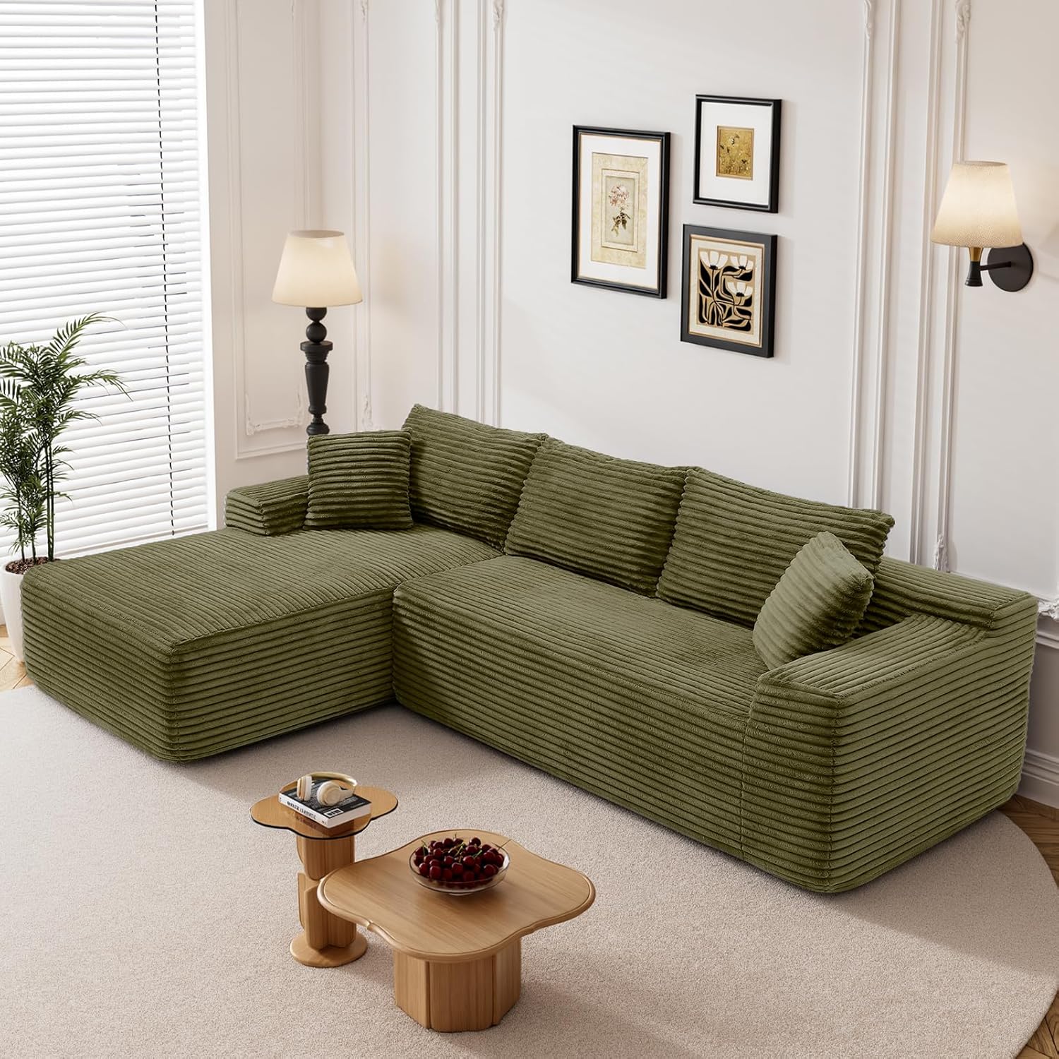 95" Boneless Cloud Sectional Couches for Living Room, Comfy Fluffy L Shaped Memory Foam Deep Seat Boneless Couch, Modular Sectional Sofa with Left Facing Chaise, Olive Green