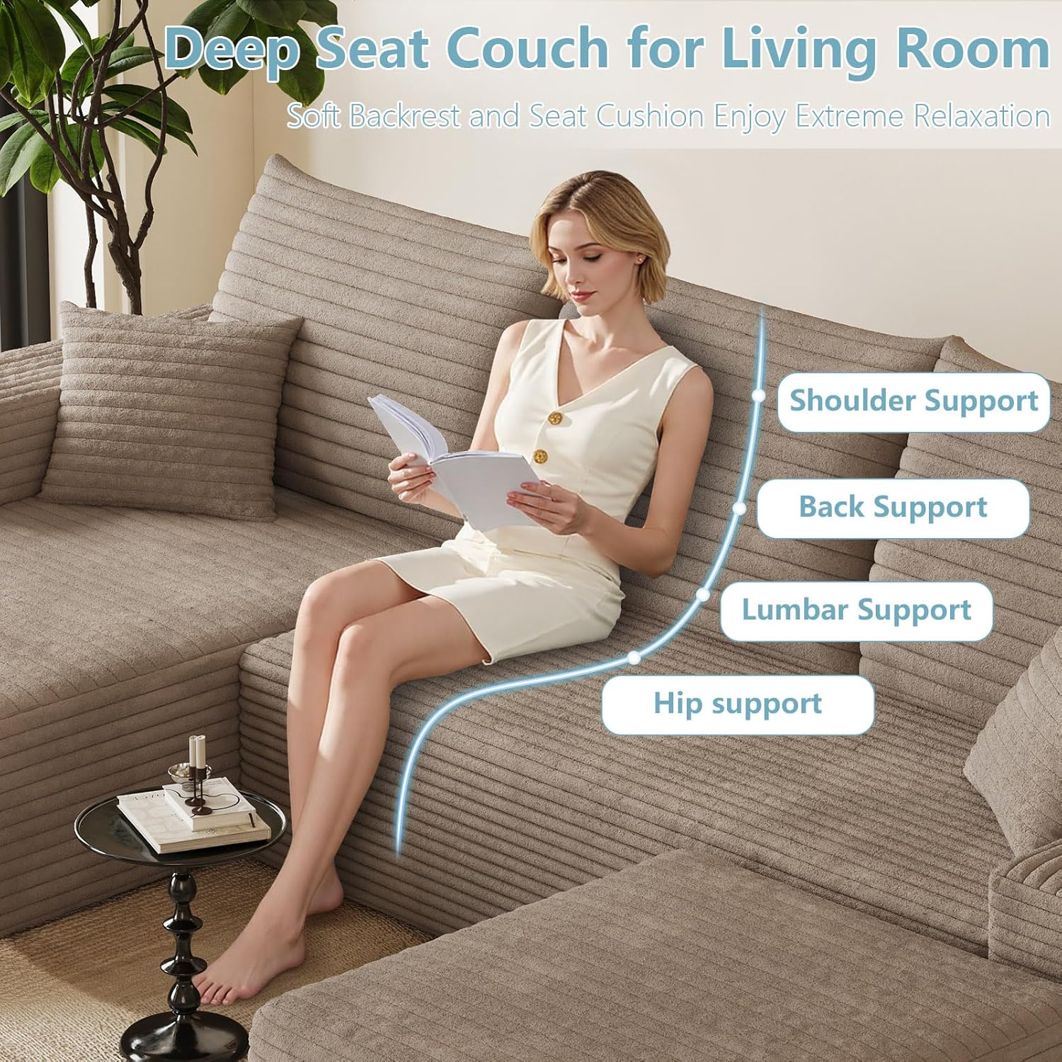 95" Cloud Sectional Couch with Ottoman,Modern U-Shaped Cloud Couch with Deep Seat,Comfy Corduroy 3-Seater Sofa,Memory Foam Sofa for Living Room,No Assembly (Camel,Left-Facing Chaise)