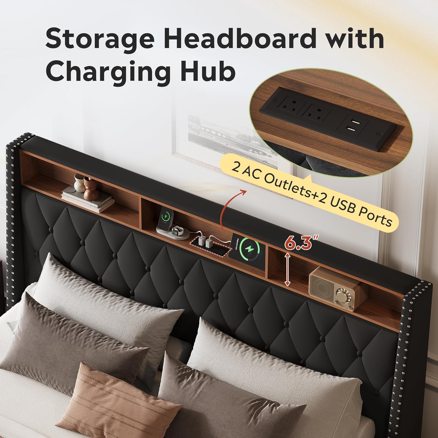 WLIVE King Size Upholstered Bed Frame with 48'' Tall Wingback Headboard, Velvet Square Tufted Platform Beds with Charging Station, Sturdy Metal & Wooden Slats Support, Black