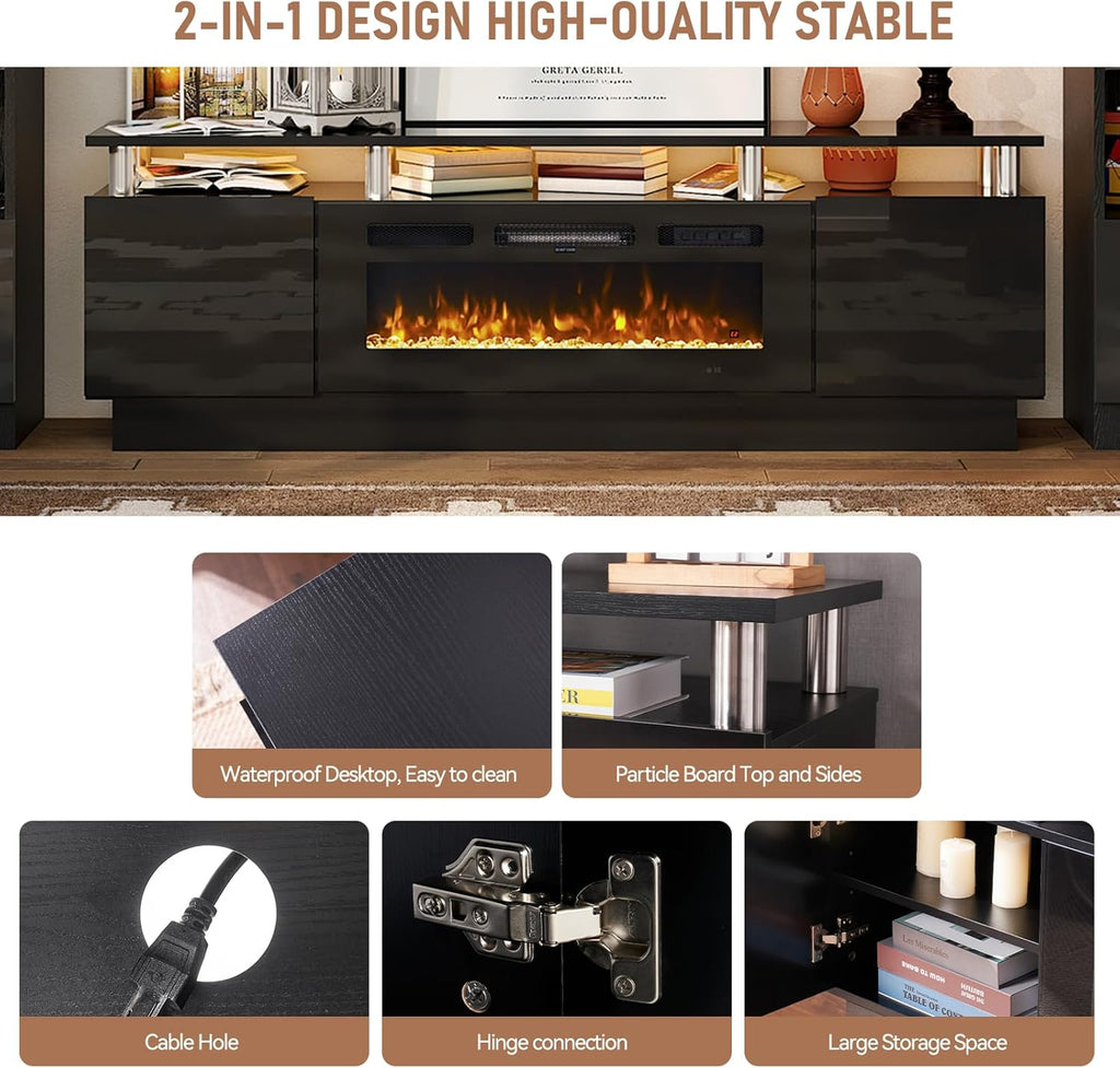 MXV 80" Fireplace TV Stand, Modern Entertainment Center & 36 Inch Electric Fireplace, Remote Control, LED Light, Fire Place Tv Stand for Living Room for TVs up to 90", Black + Black