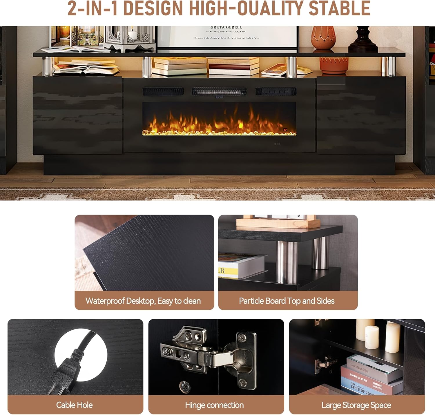 MXV 80" Fireplace TV Stand, Modern Entertainment Center & 36 Inch Electric Fireplace, Remote Control, LED Light, Fire Place Tv Stand for Living Room for TVs up to 90", Black + Black