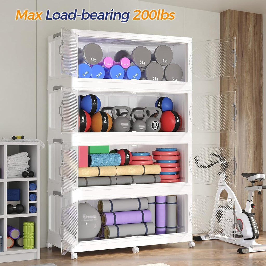 960QT Extra Large Stackable Storage Bins with Lid, 240Gal Plastic Closet Organizers and Storage Drawer, Collapsible Cabinet Box with Wheels Clear Doors for Home Kitchen Office, 4Pack White