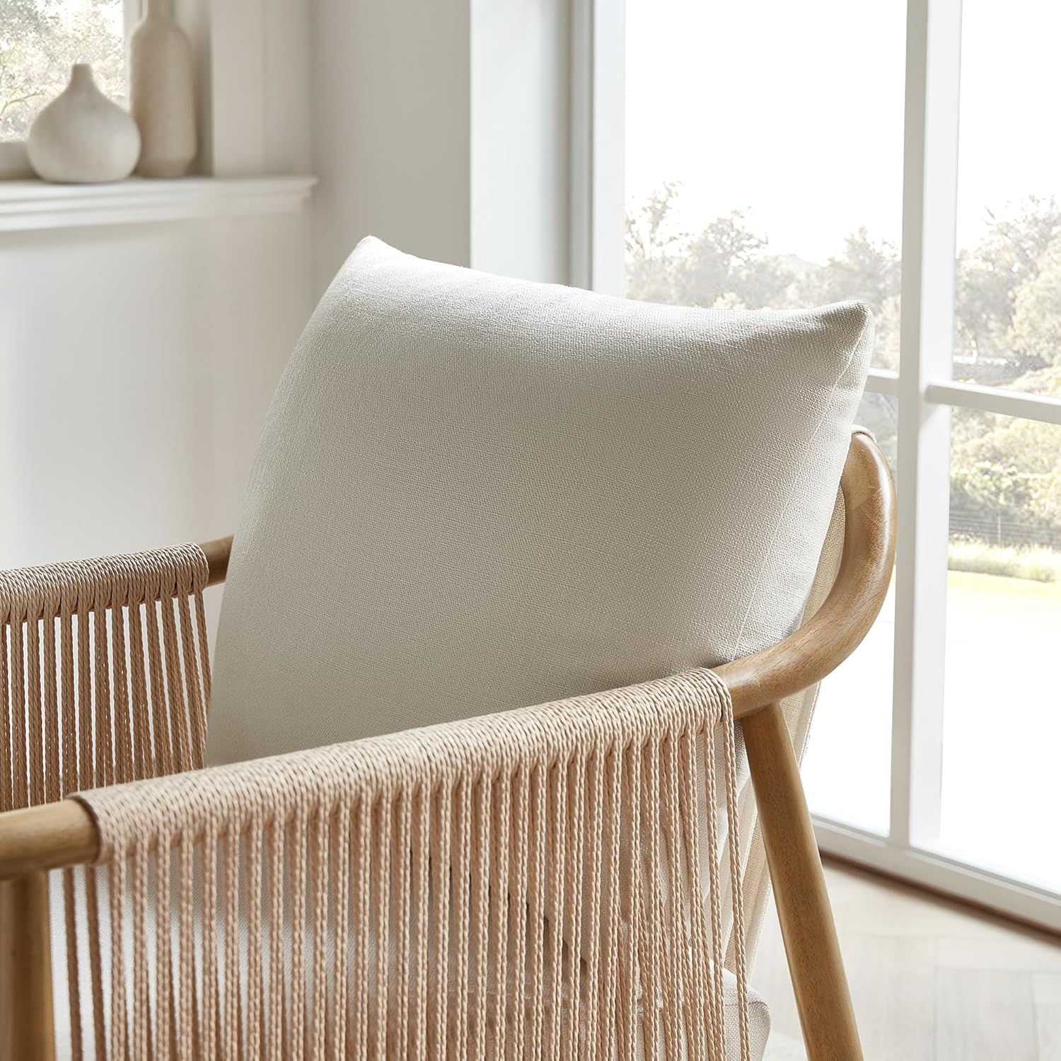 CHITA Braid Accent Chair Set of 2, Modern Armchair with Solid Wooden Armrest for Living Room and Bedroom, Boho Reading Chair, Cream