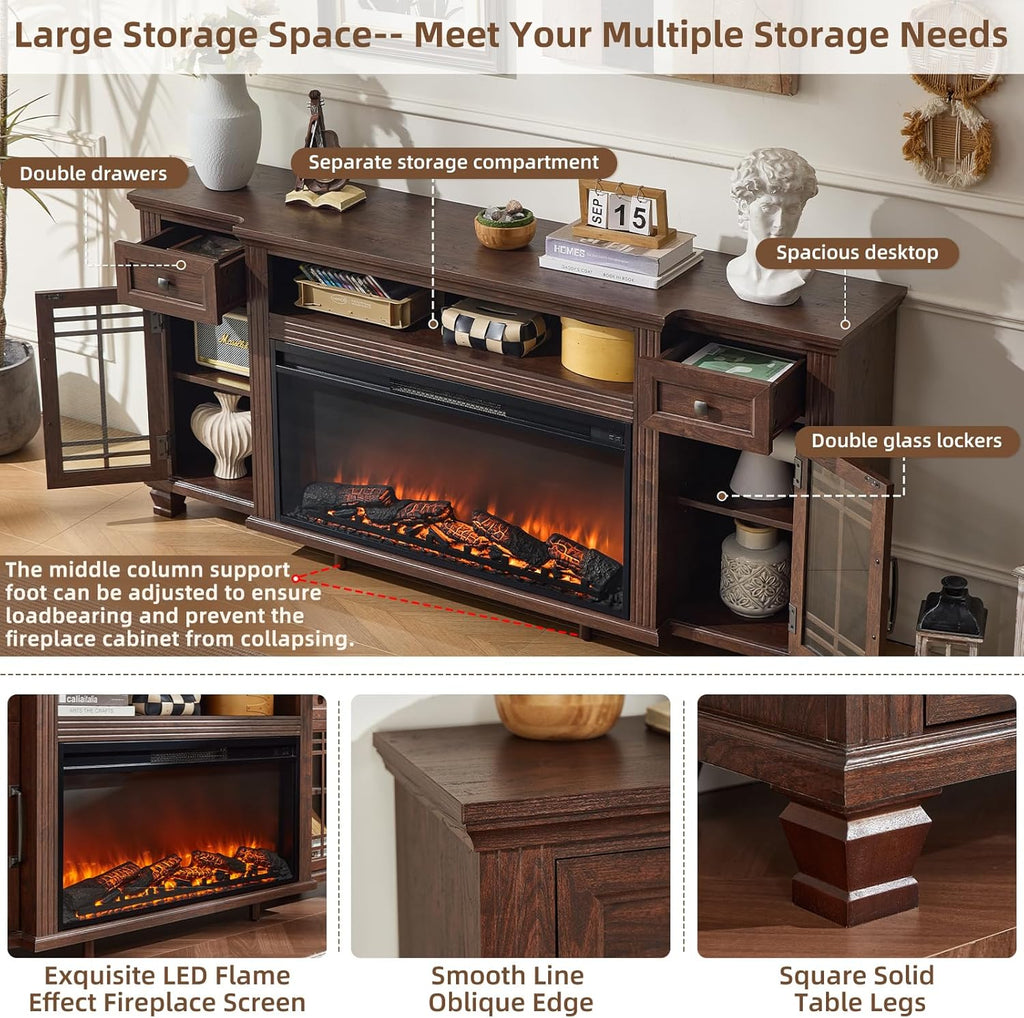70" Fireplace TV Stand with 36”Silent Electric Fireplace, Farmhouse Entertainment Center for TVs up to 80", 2 Drawers TV Console with Glass Door Cabinet, Walnut TVs Cabinet for Living Room