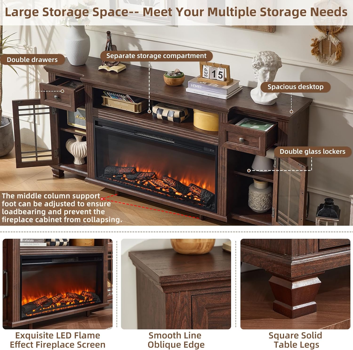 70" Fireplace TV Stand with 36”Silent Electric Fireplace, Farmhouse Entertainment Center for TVs up to 80", 2 Drawers TV Console with Glass Door Cabinet, Walnut TVs Cabinet for Living Room