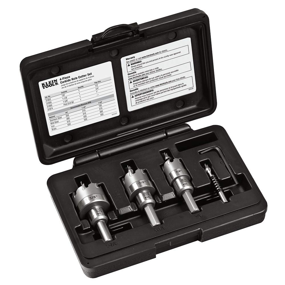 Klein Tools 31872 Heavy Duty Hole Saw Kit, Includes Carbide Hole Cutters and Pilot Bit in Rust-Proof Molded Plastic Case, 4-Piece
