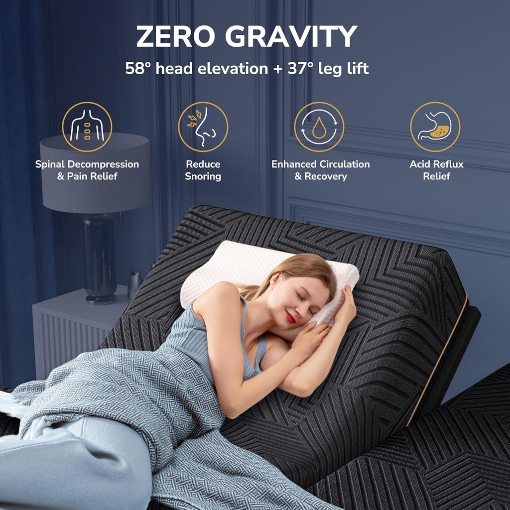 EGOHOME Split King Adjustable Bed Frame and 14 Inch Cooling Memory Foam Mattress, Wireless Remote Head and Foot Incline, 12 inch Legs, Zero Gravity