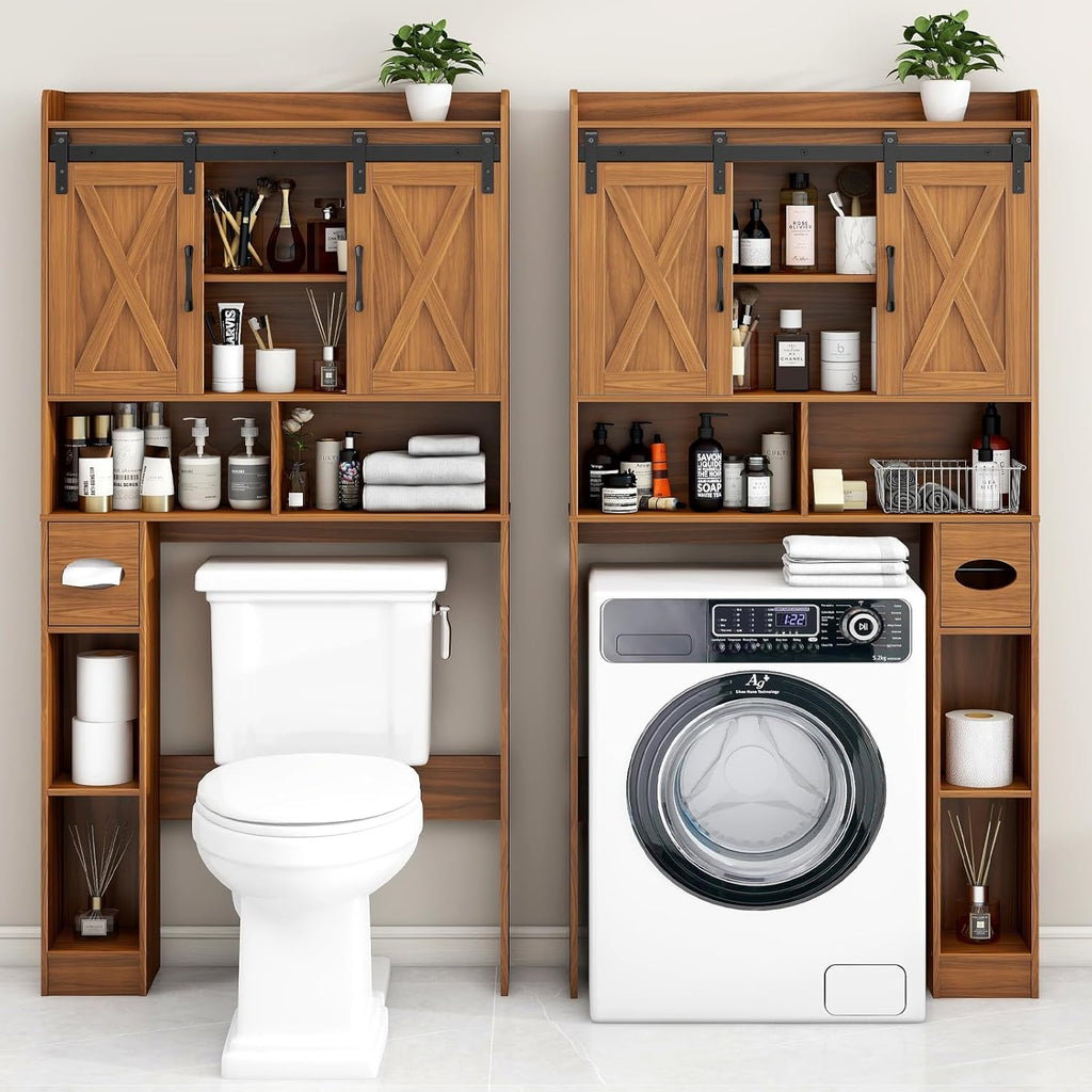 Vabches Over The Toilet Storage Cabinet, Farmhouse Storage Cabinet Over Toilet with Sliding Doors，Home Space-Saving Toilet Rack, for Restroom, Bathroom, Laundry,Caramel