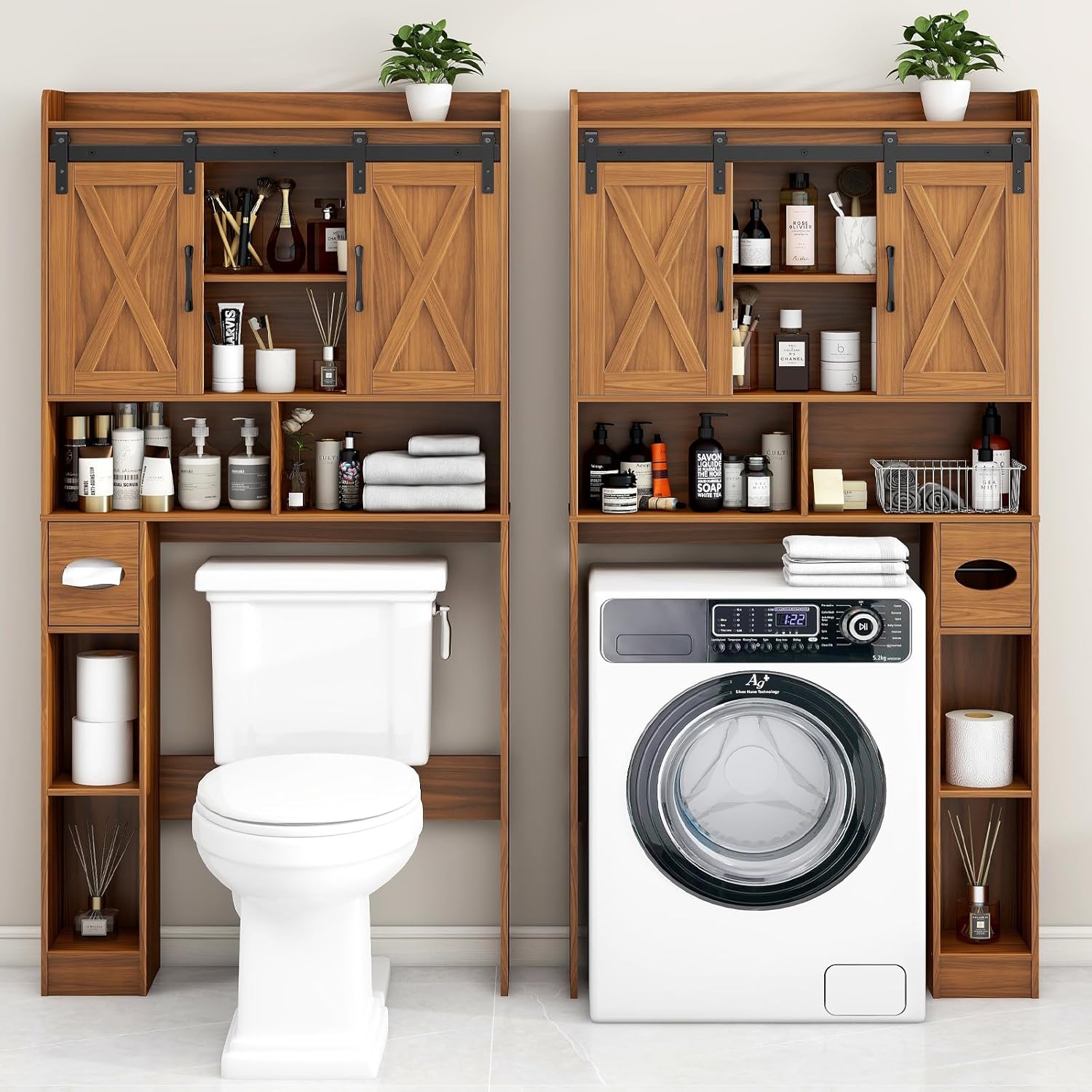 Vabches Over The Toilet Storage Cabinet, Farmhouse Storage Cabinet Over Toilet with Sliding Doors，Home Space-Saving Toilet Rack, for Restroom, Bathroom, Laundry,Caramel