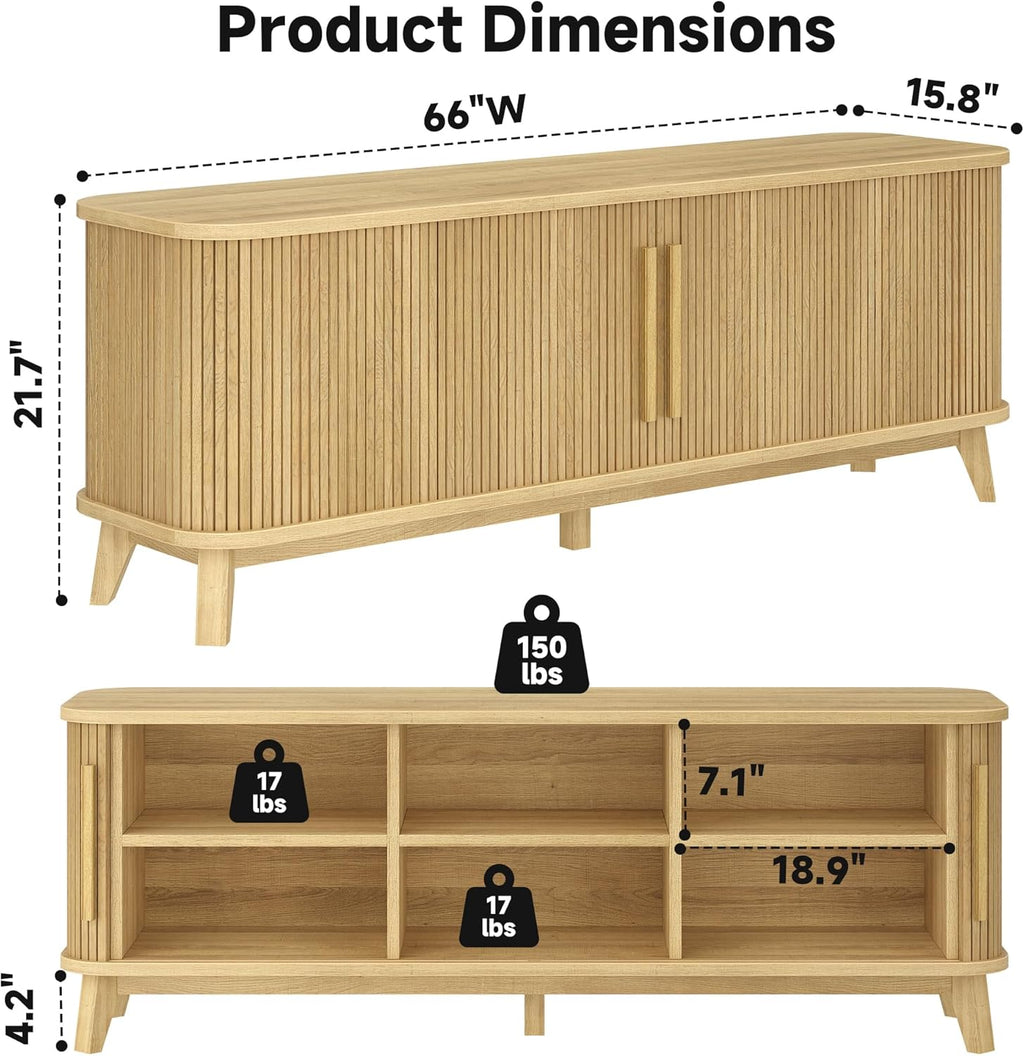 66" TV Stand for TVs up to 80", Mid-Century Modern Entertainment Center, TV Console with Storage Cabinet and Adjustable Shelves, Wood Curved Media Console with Sliding Door for Living Room,Natural Oak