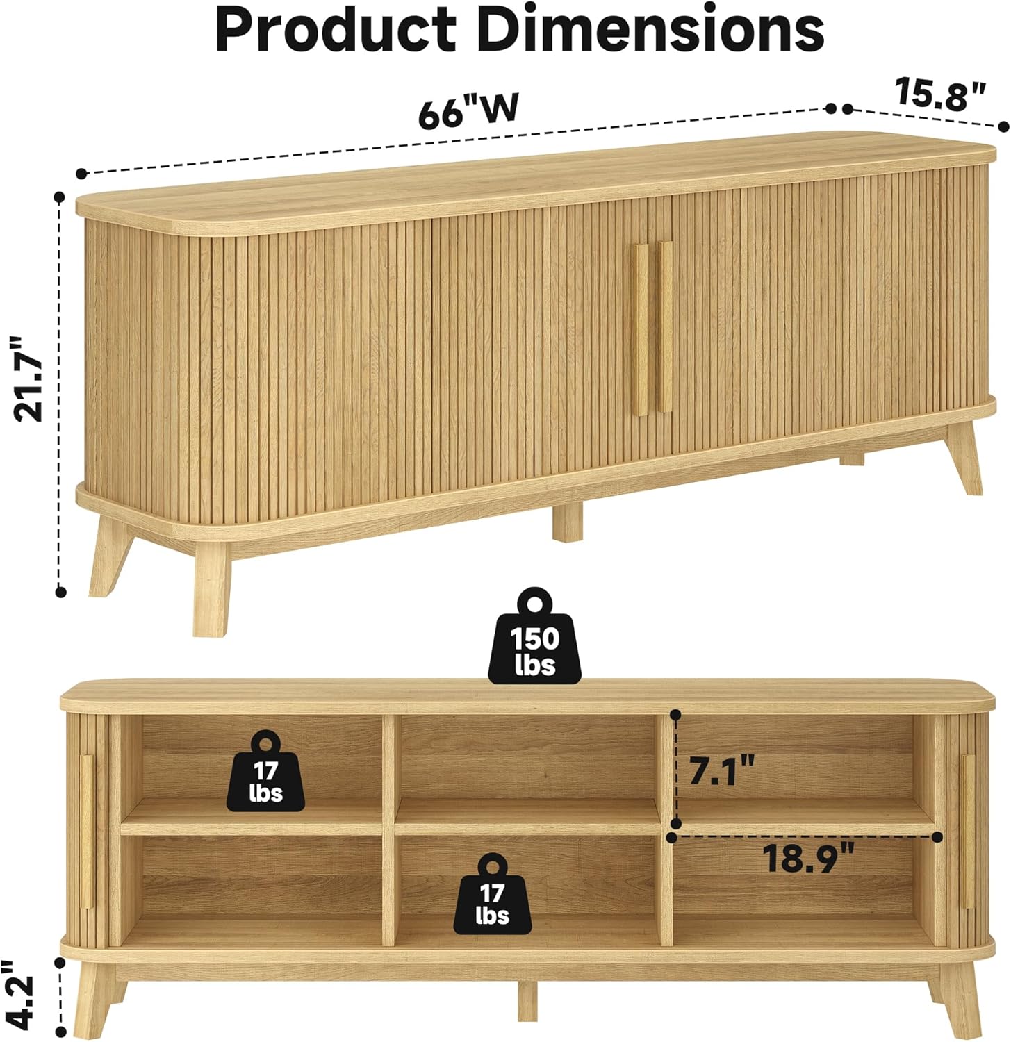 66" TV Stand for TVs up to 80", Mid-Century Modern Entertainment Center, TV Console with Storage Cabinet and Adjustable Shelves, Wood Curved Media Console with Sliding Door for Living Room,Natural Oak
