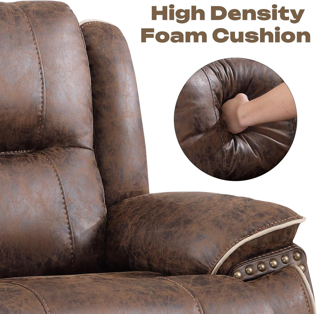 EBELLO Faux Leather Manual Recliner Loveseat, 2 Seater Reclining Sofa Chair with Center Console, Hidden Storage and Cup Holders, Vintage Rivet Mid-Century Design for Living Room, Meeting Room, Brown