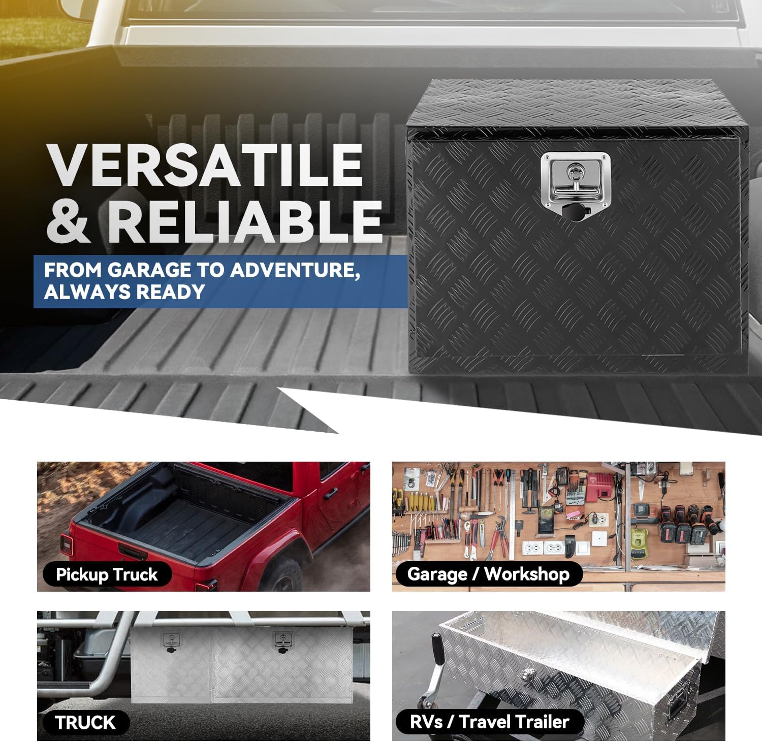 Underbody Truck Box, 24'' D x 17.7"W x 18.1"H Pickup Storage Box, Heavy Duty Aluminum Diamond Plate Tool Box with Lock and Keys, Waterproof Trailer Storage Box with T-Handle Latch - Black