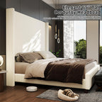 King Size 65.2" Upholstered Bed Frame with USB Charging Station,Soft Washable Corduroy Cover with Wingback Headboard, Solid Wood Legs/Noise-Free/No Box Spring Needed/Beige