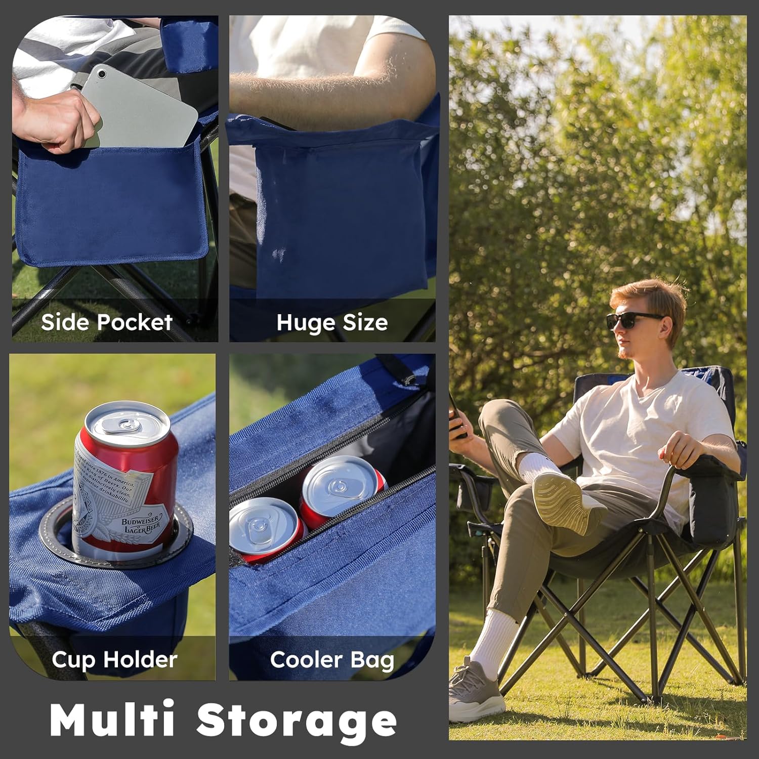 Colegence Oversized Folding Camping Chairs - 450 LBS Support Heavy Duty Camp Chair with Padded Cushion, Portable Outside Chairs with Carry Bag，Cooler, Cup Holder for Outdoor, Lawn, Sports - Blue