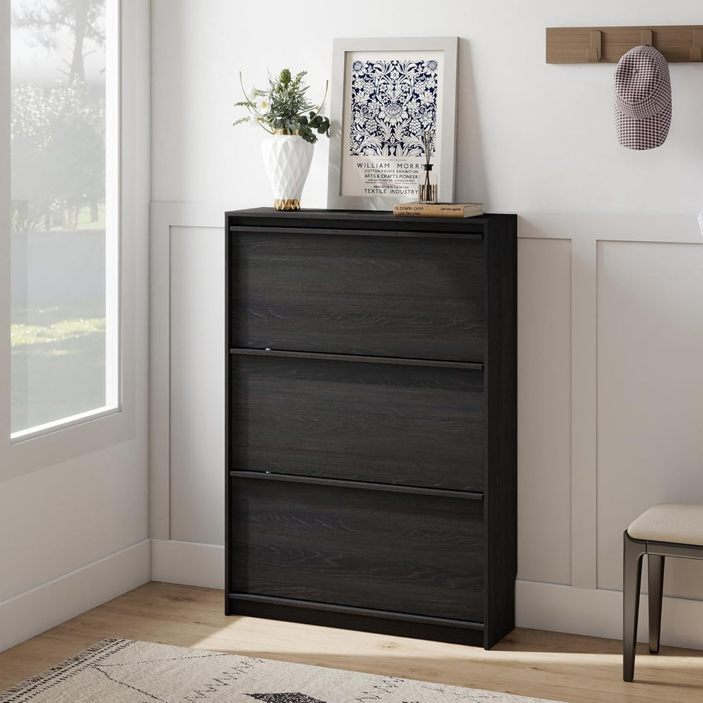 Shoe Cabinet with 3 Flip Drawers, 31.5" W Narrow Shoe Storage Cabinet for Entryway, Slim Shoe Organizer with Adjustable Shelves, Freestanding Shoe Rack for Hallway, Living Room, Black