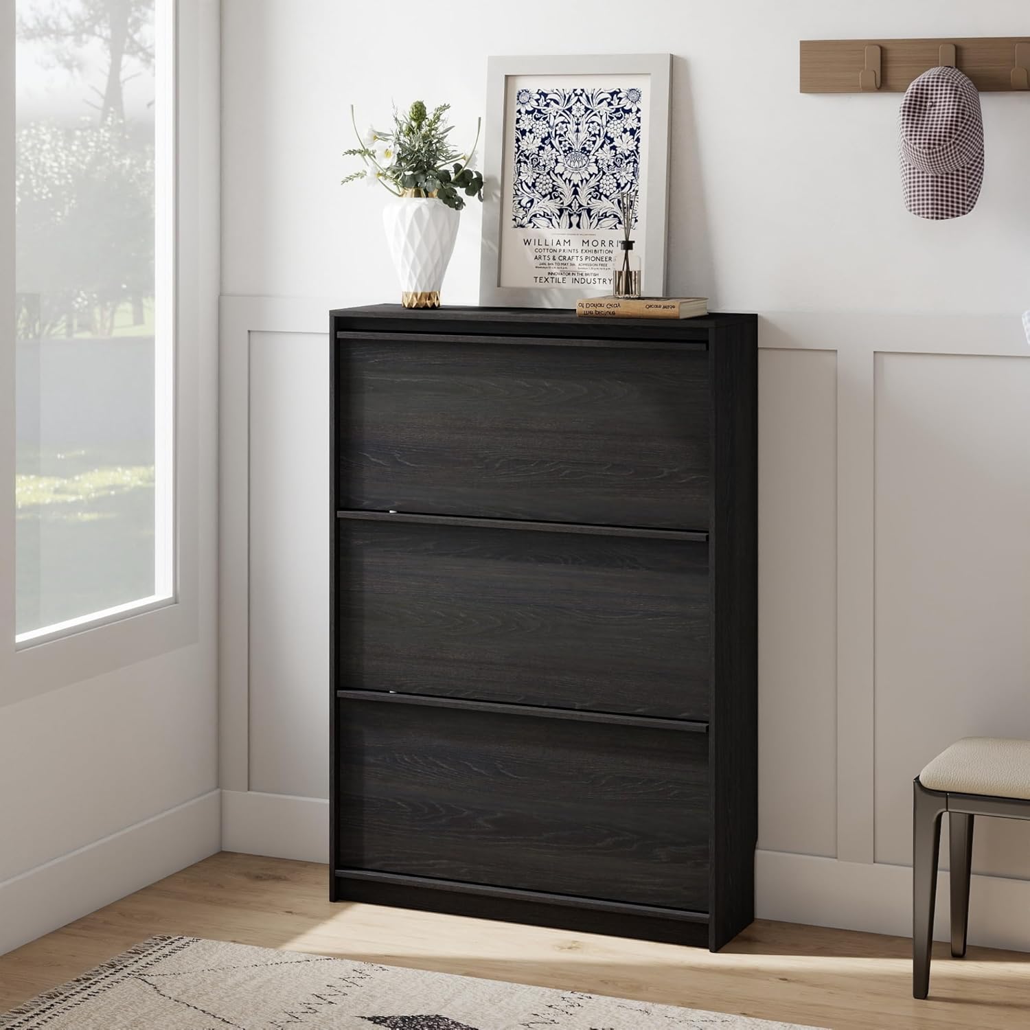 Shoe Cabinet with 3 Flip Drawers, 31.5" W Narrow Shoe Storage Cabinet for Entryway, Slim Shoe Organizer with Adjustable Shelves, Freestanding Shoe Rack for Hallway, Living Room, Black