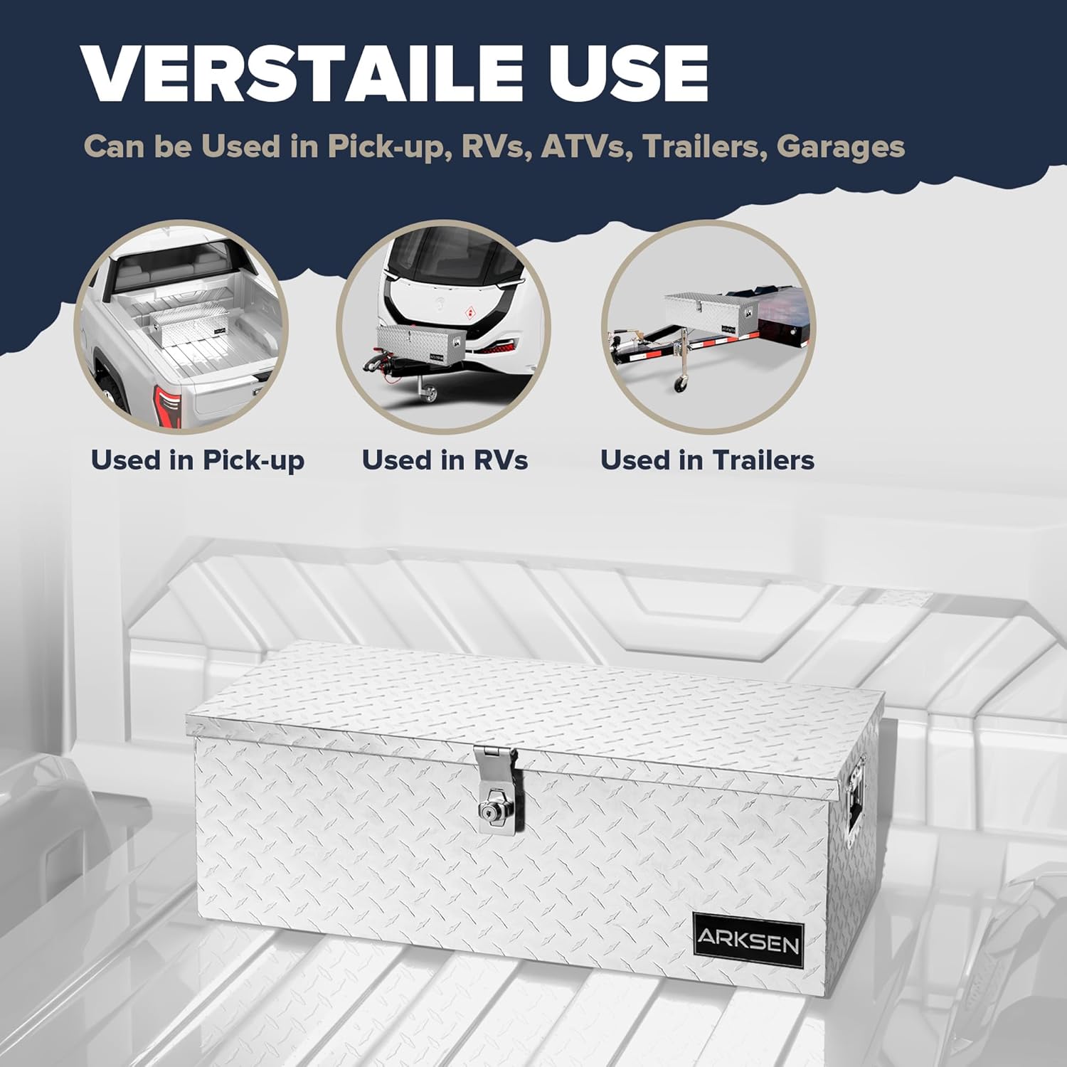 ARKSEN 30 x 13 x 10 Inch Diamond Plate Truck Bed Tool Box, Heavy Duty Waterproof Aluminum Toolboxes Storage Chest with Side Handle & Lock for Pickup Truck Bed, RV & Trailer – Silver