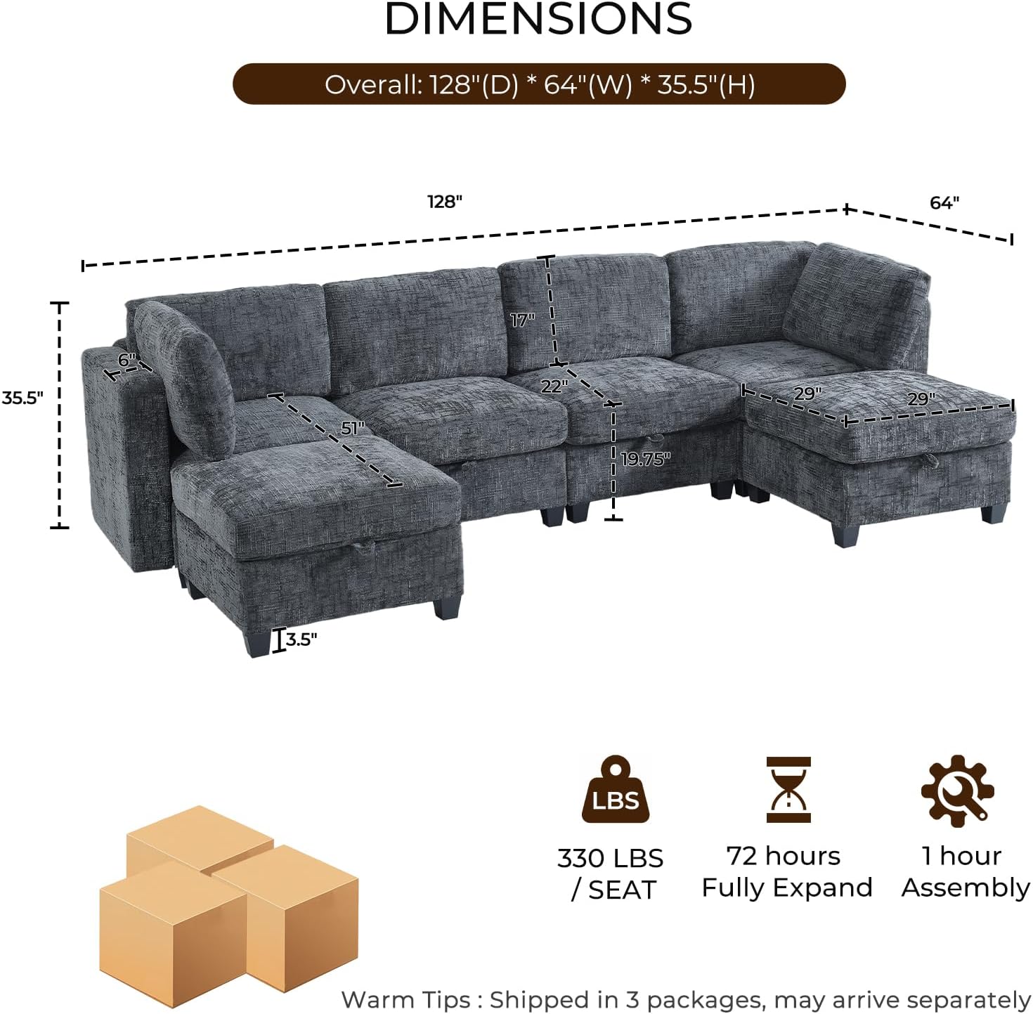128" Oversized Modular 6 Seater Sofa with Removable Covers and Storage, Convertible U, L-Shaped and Sleeper Sectional, Modern Sectional Couch with Movable Ottoman for Living Room, Apartment, Gray