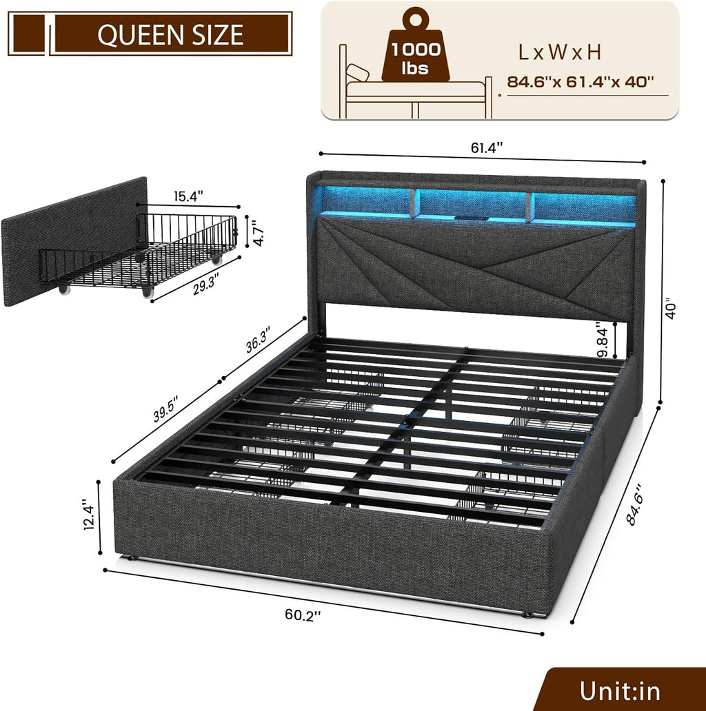 LED Queen Bed Frame with 4 Storage Drawers, Upholstered Bed Frame Queen Size with 2-Tier Headboard and Charging Station, No Box Spring Needed, Easy to Assembly - Dark Grey