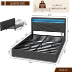 Queen Bed Frame with 4 Storage Drawers, Upholstered Bed Frame Queen Size with LED Lights Headboard and Charging Station, No Box Spring Needed, Easy Assembly - Dark Grey
