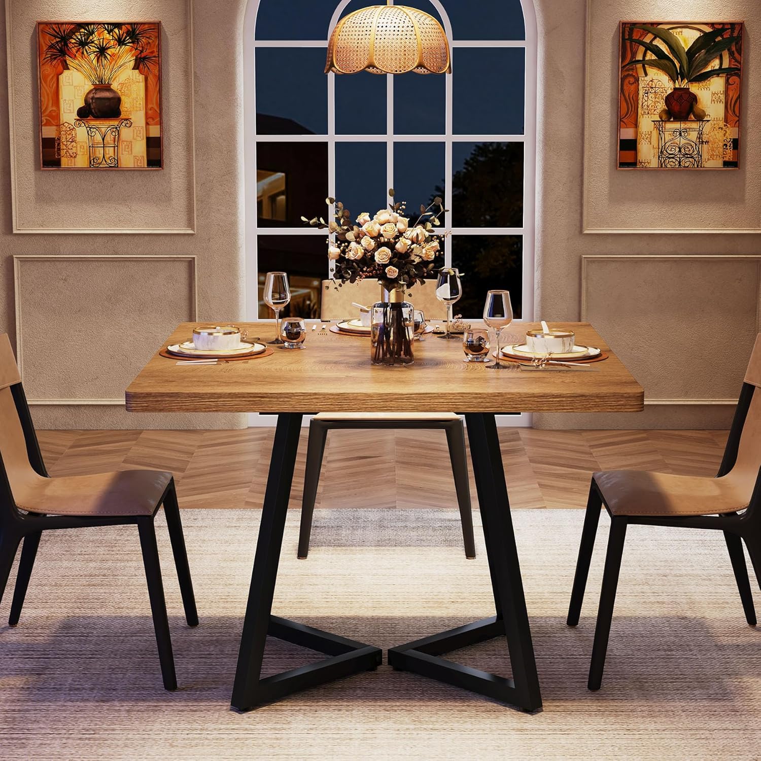 Tribesigns Square Dining Table for 2, 31.5" Modern Dinner Table with Metal Base, Kitchen Table for Dining Room, Small Space, Apartment,Natural & Black