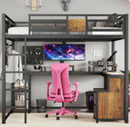 Bellemave Queen Loft Bed with Desk and Fabric Drawer, Metal Queen Loft Bed Frame with guardrail and Ladder for Adults, Kids, Teens, Black