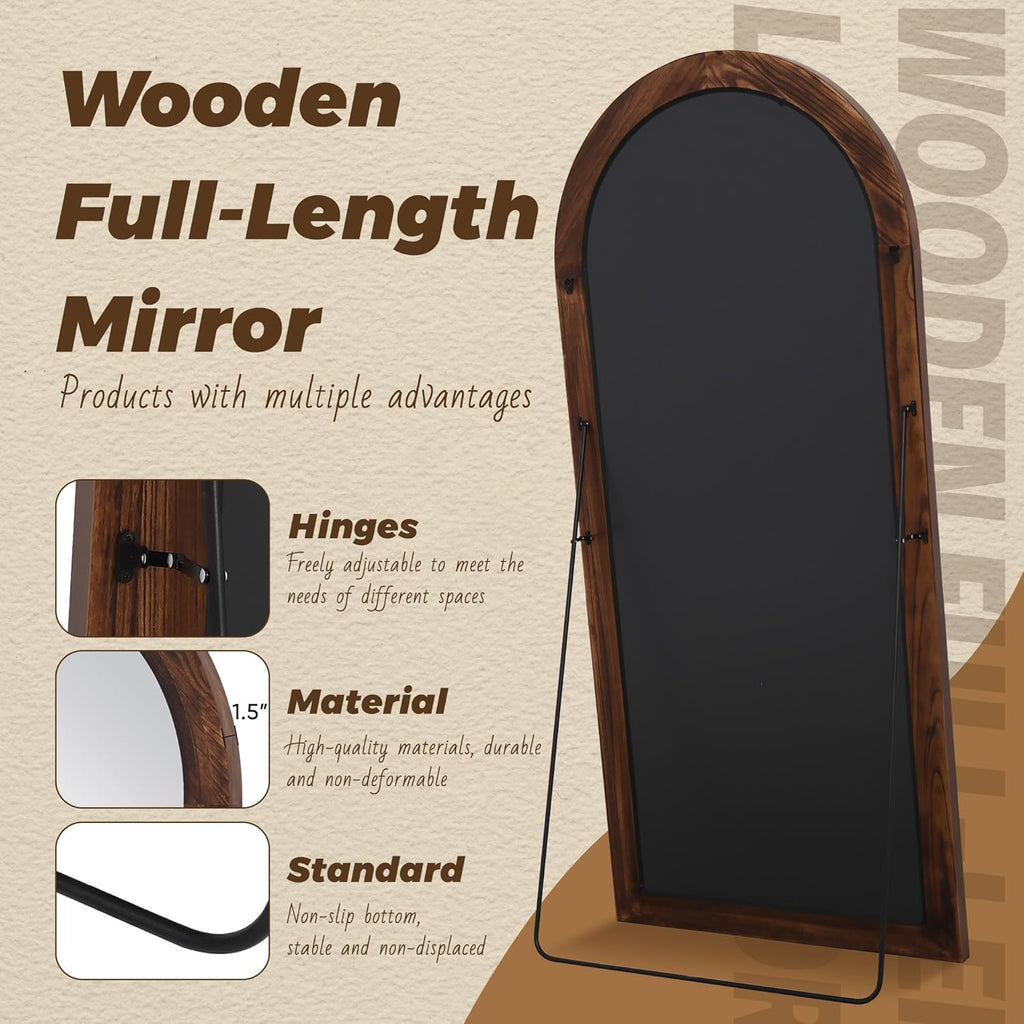 Antok Floor Mirror, Wood Full Length Mirror Wooden Full Body Mirror with Stand, Hanging Mounted for Living Room Cloakroom, 71"×32", Walnut, Arched Style