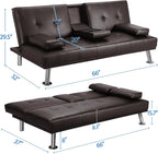 Yaheetech Convertible Sofa Bed Adjustable Couch Sleeper Modern Faux Leather Home Recliner Reversible Loveseat Folding Daybed Guest Bed, Removable Armrests, Cup Holders, 3 Angles, 772lb Capacity, Black