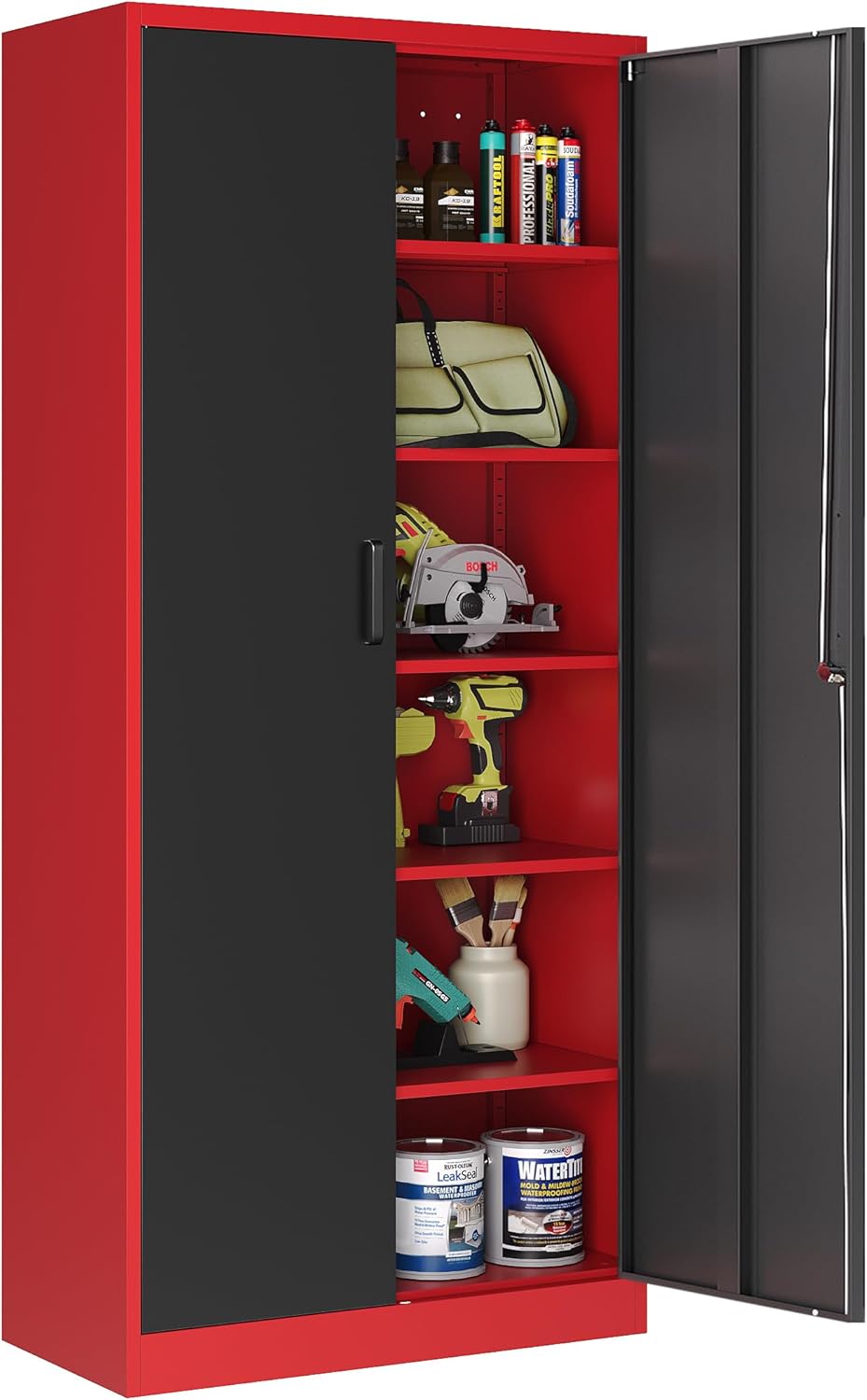 Metal Storage Cabinet with Lock,71 Inch Garage Cabinet with 2 Doors and 5 Adjustable Shelves,Steel Storage Cabinets for Garage,Home Office,Pantry,School(Red & Black)